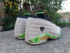Jordan 14 Mid Sneakers in Gray, Green and Gold