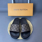 Louis Vuitton Monogram Slide Sandals with Black Footbed