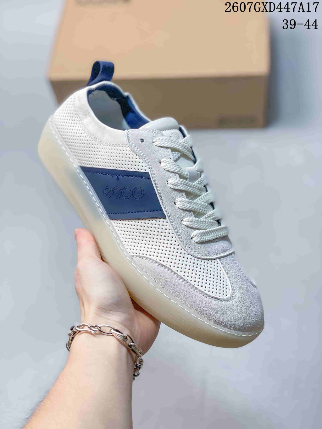 ECCO 2607GXD447A17 White and Blue Perforated Sneakers
