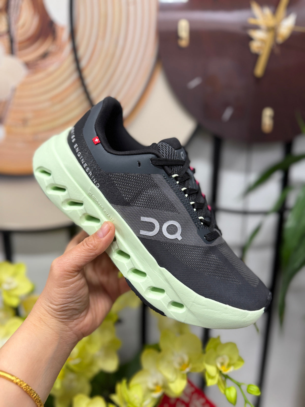 On Cloudsurfer Running Shoes, Black and Pale Green