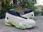 Jordan 14 Mid Sneakers in Gray, Green and Gold