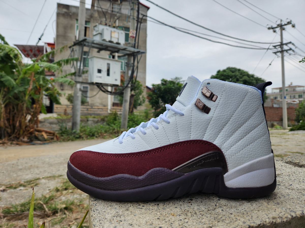 Jordan 12 White and Burgundy High-Top Sneakers
