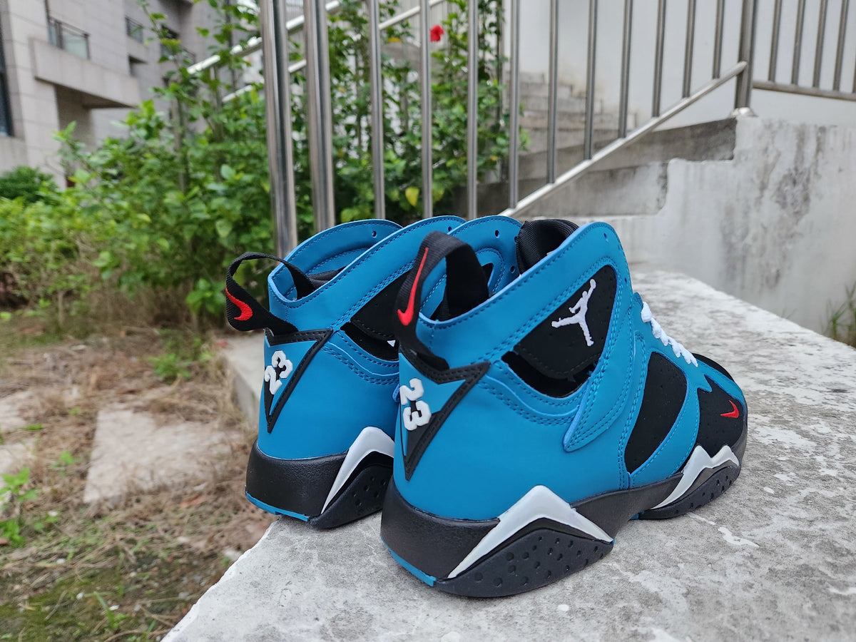Jordan 7 High-Top Sneakers in Blue, Black and Red