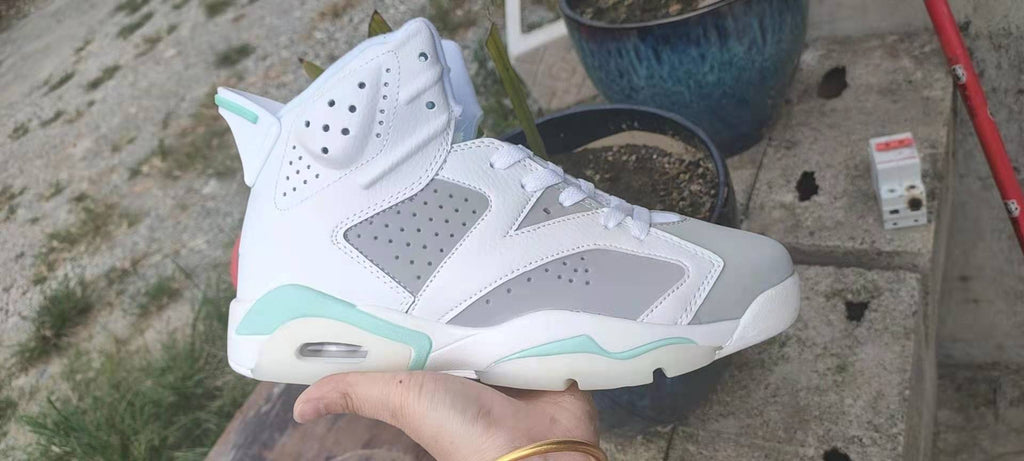 Jordan 6 High-Top Sneakers in White, Grey and Mint