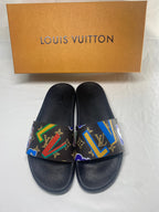 Louis Vuitton Monogram Slide Sandals with Black Footbed