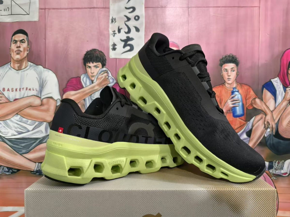 On Running Cloudmonster Sneakers Black and Lime Green