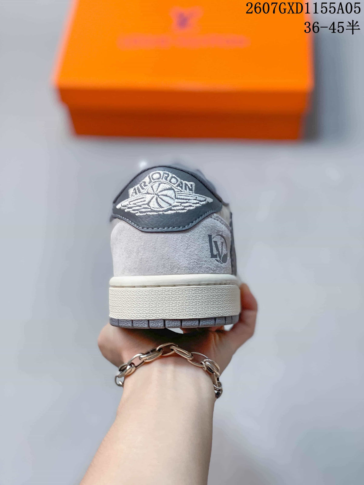 Jordan 1 Low Sneakers in White and Gray with Monogram Print