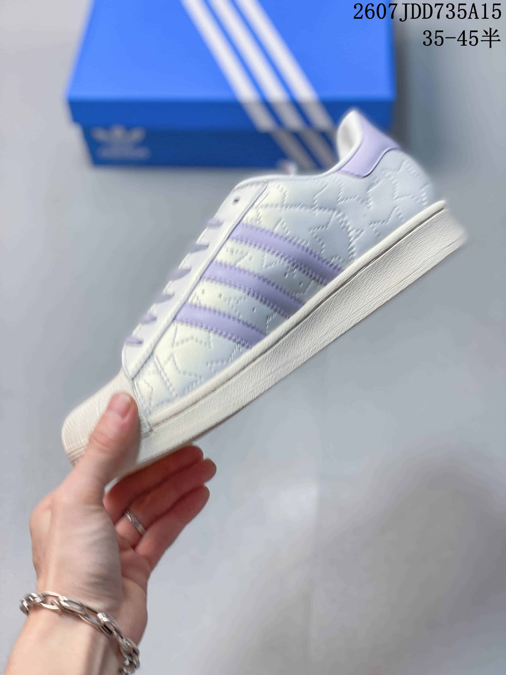 adidas Superstar White and Lavender Shell-Toe Sneakers