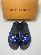 Louis Vuitton Monogram Slide Sandals with Black Footbed