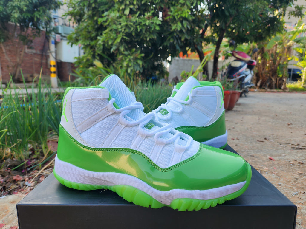 Jordan 11 White and Apple Green High-Top Sneakers