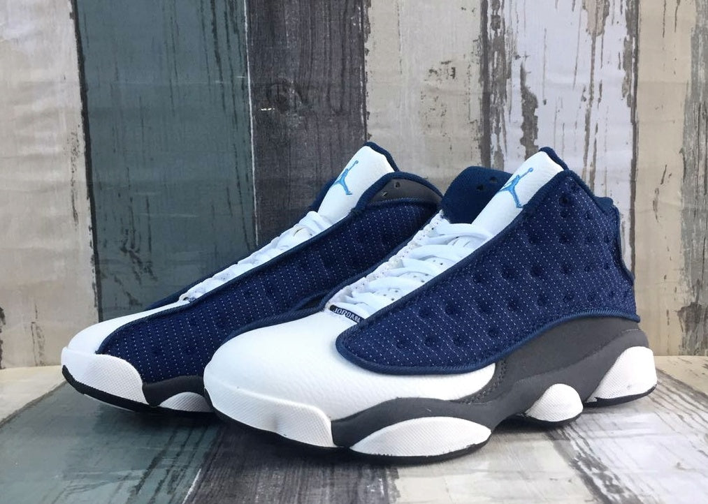 Jordan 13 White, Navy and Gray 3M Sneakers