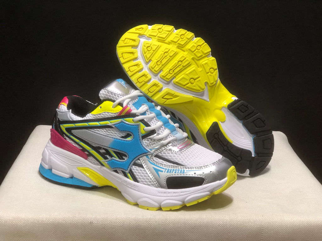 Trapstar Retro Chunky Sneakers in White, Blue and Neon Yellow
