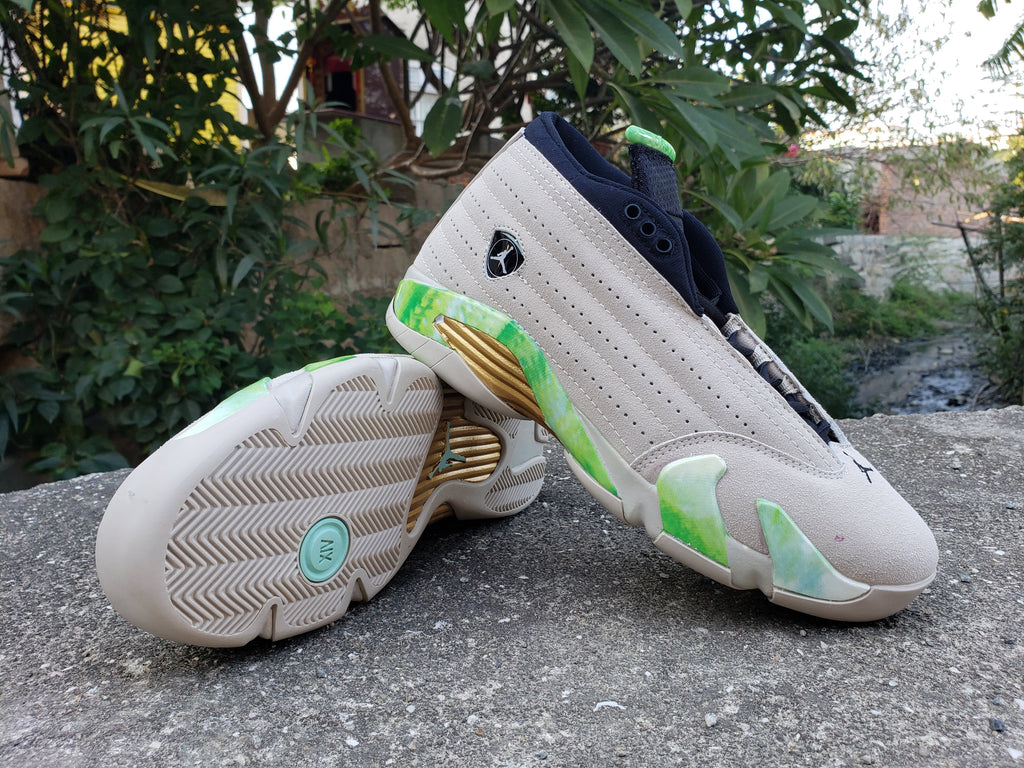 Jordan 14 Mid Sneakers in Gray, Green and Gold