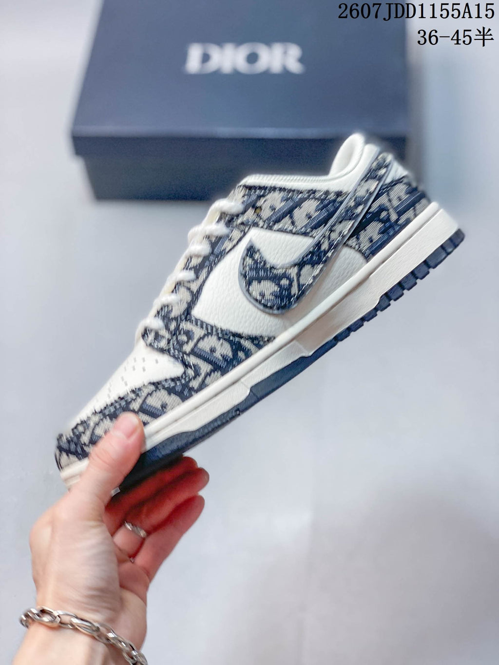 Nike SB Dunk Low White Navy Dior Pattern Sneakers
