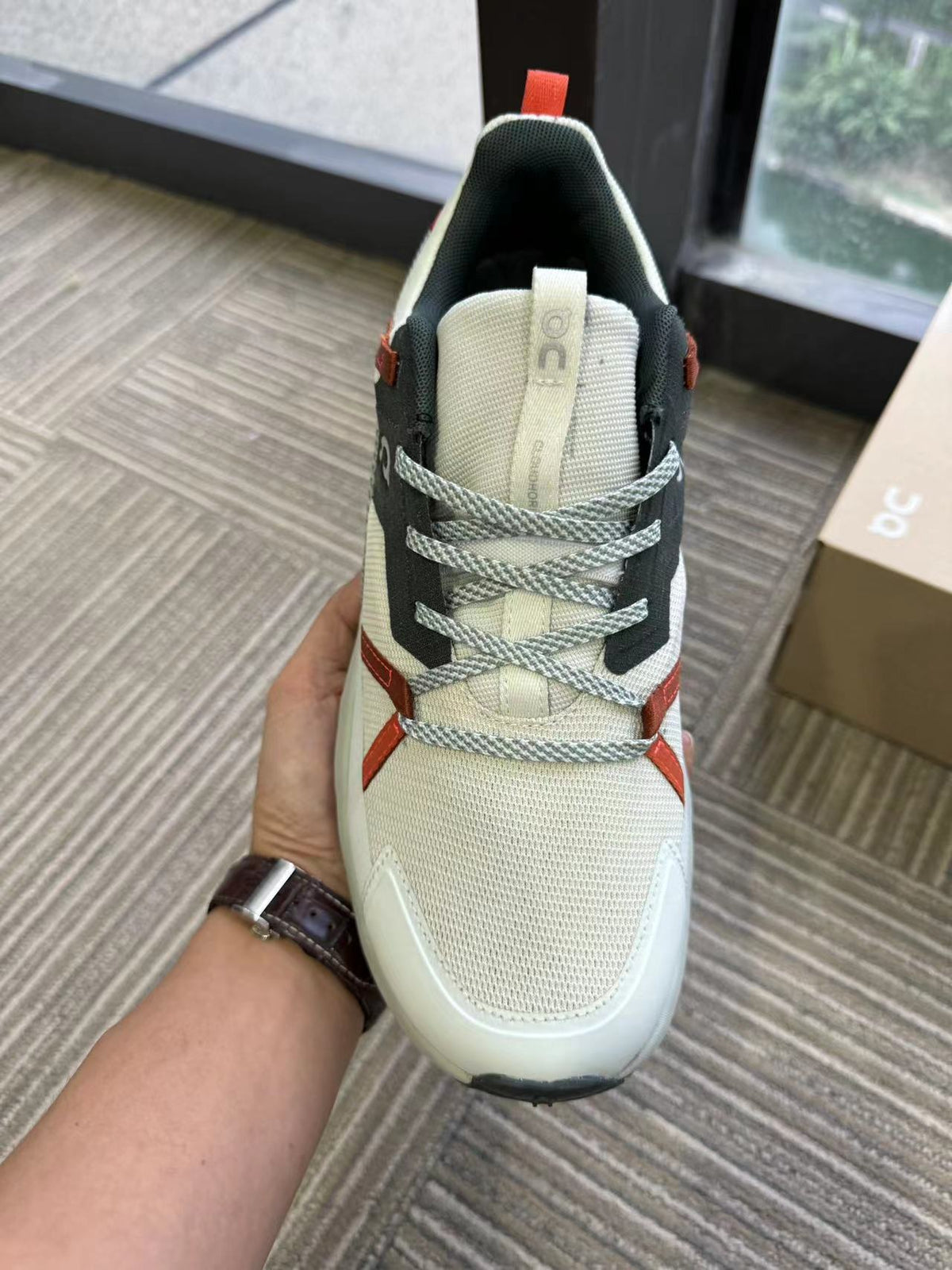 On Cloudhorizon Trail Sneakers in Cream, Gray and Red