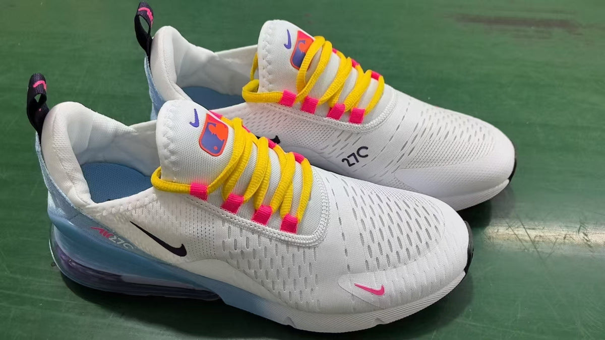 Nike Air Max 270 White, Purple, and Orange Sneakers