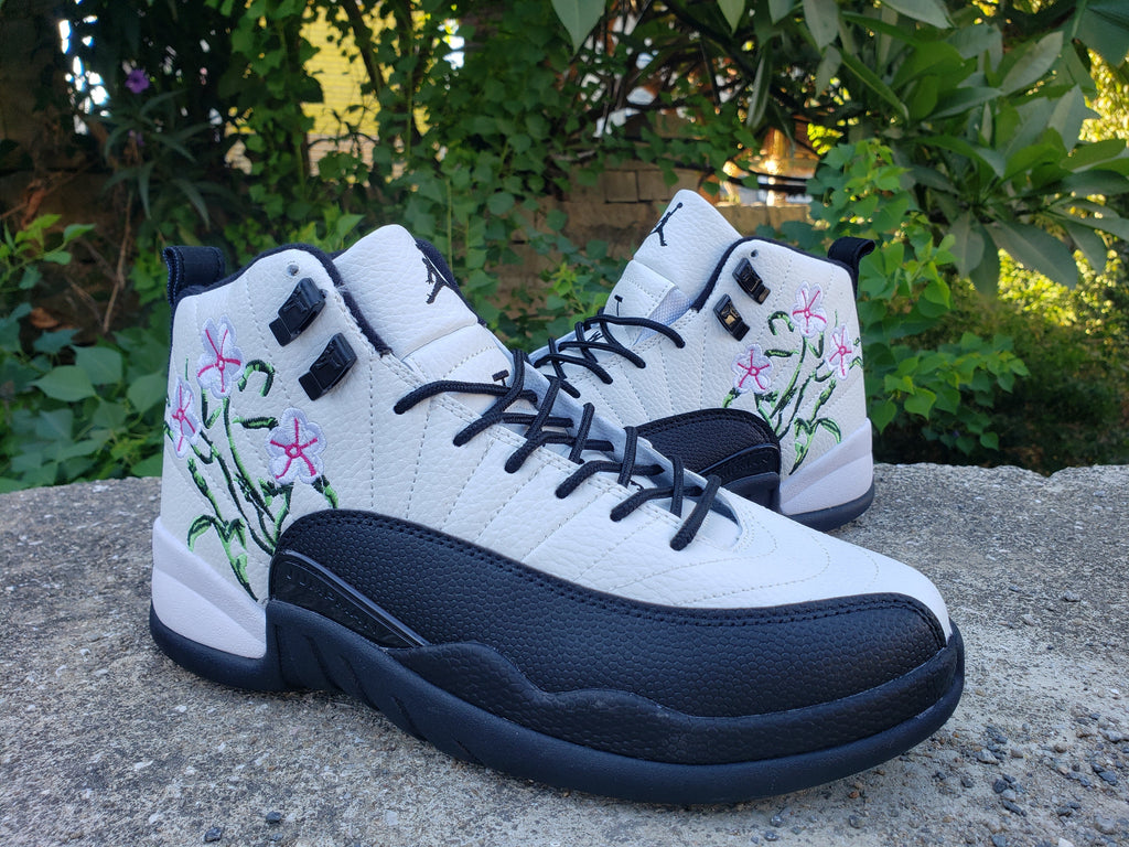 Jordan 12 White and Black Floral High-Top Sneakers
