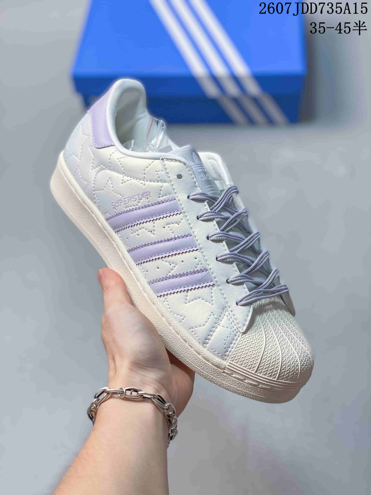 adidas Superstar White and Lavender Shell-Toe Sneakers
