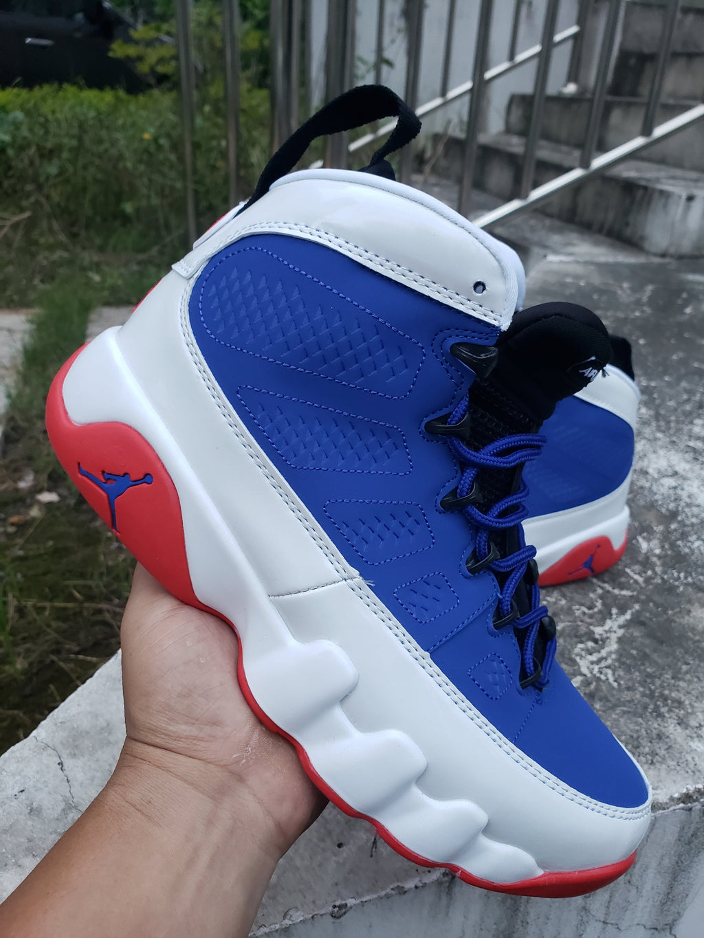 Jordan 9 High-Top Sneakers in Blue, White and Red