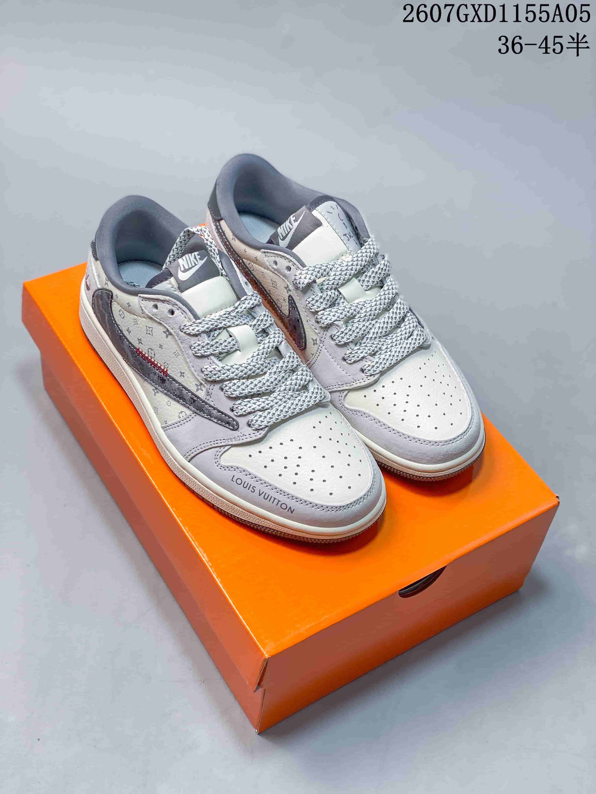 Jordan 1 Low Sneakers in White and Gray with Monogram Print