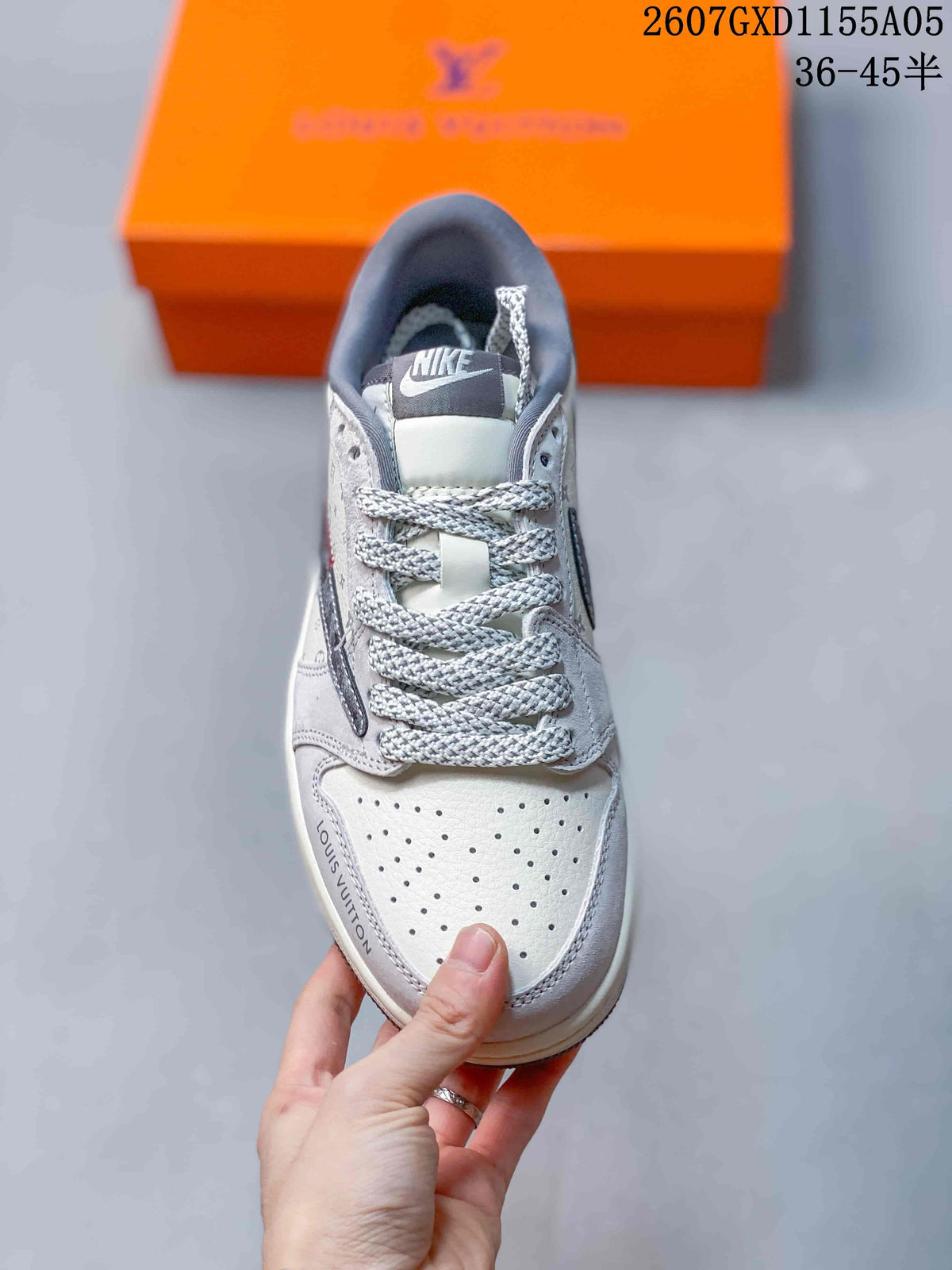 Jordan 1 Low Sneakers in White and Gray with Monogram Print