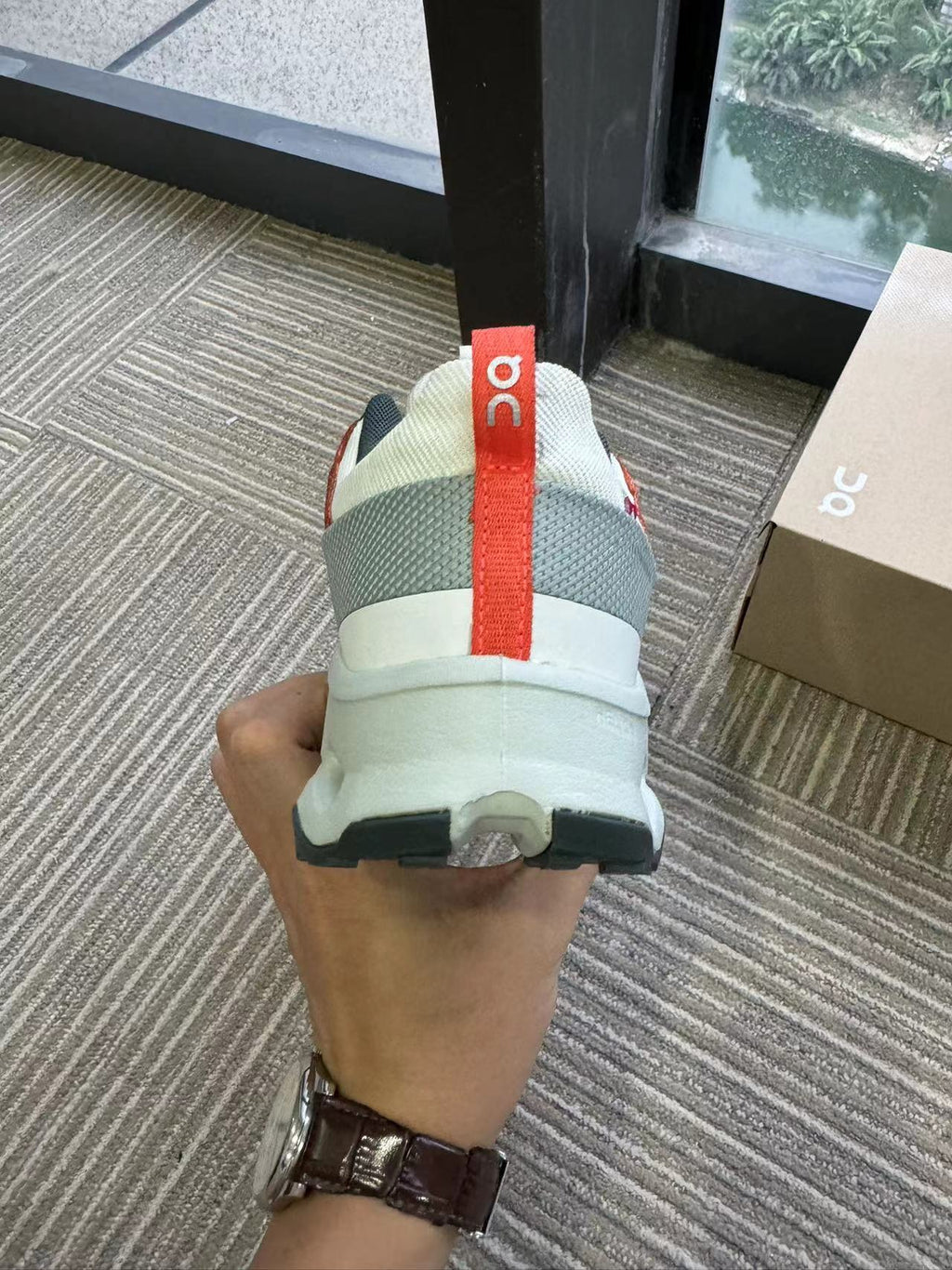 On Cloudhorizon Trail Sneakers in Cream, Gray and Red