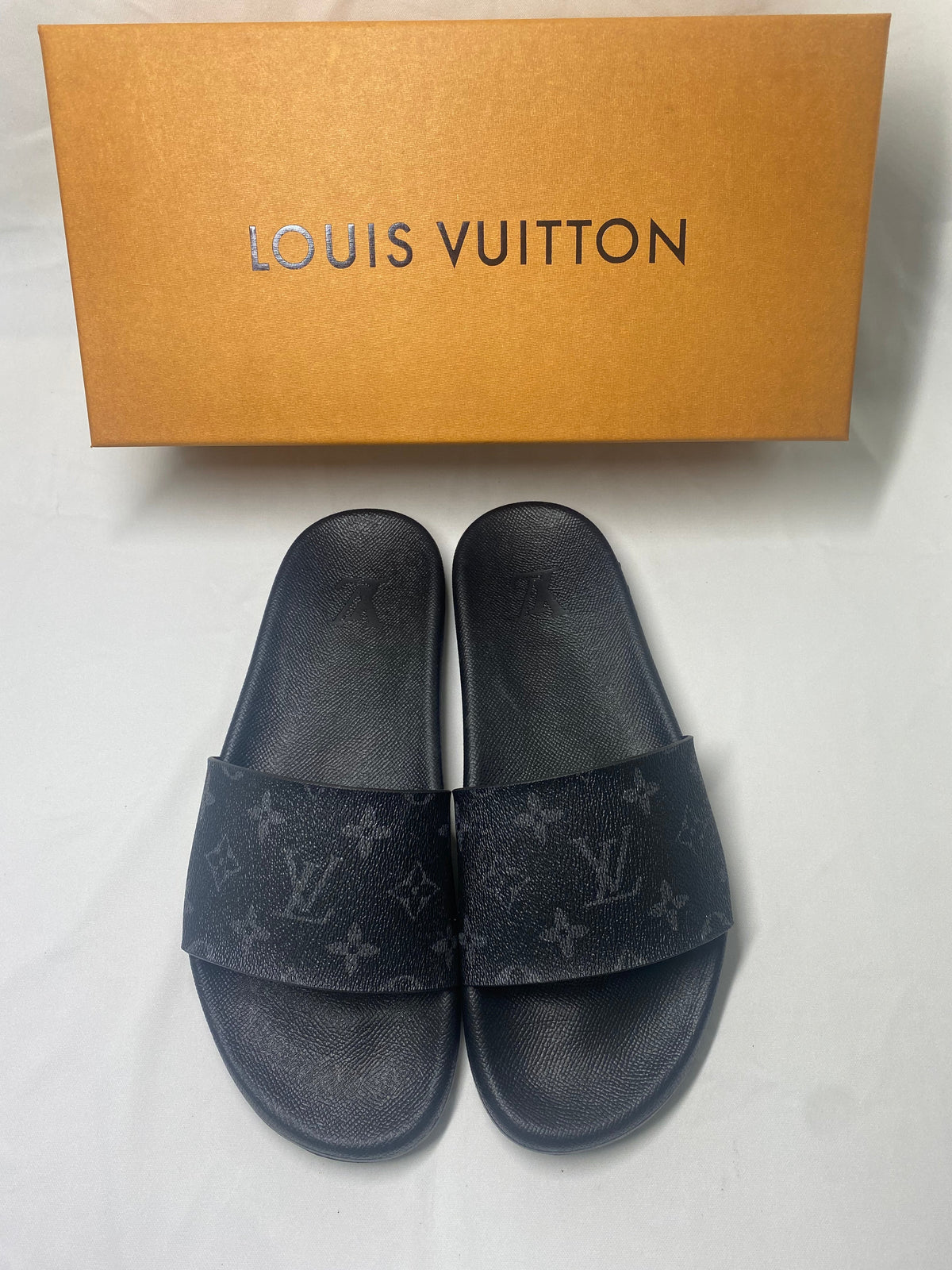 Louis Vuitton Monogram Slide Sandals with Black Footbed