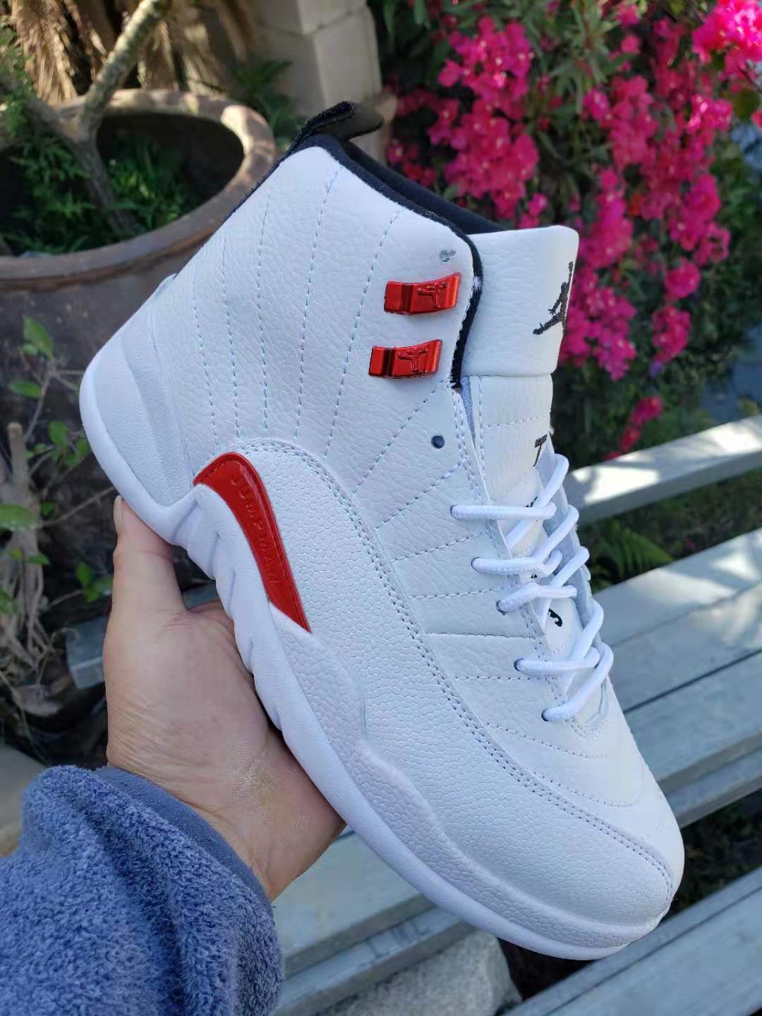 Air Jordan 12 White and Red High-Top Sneakers