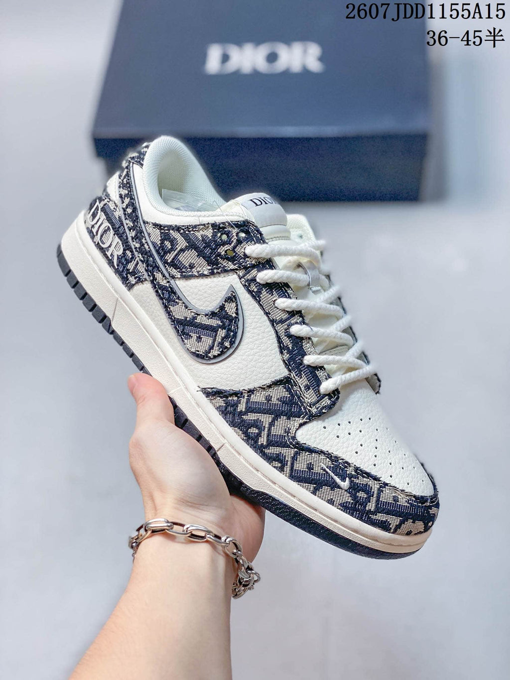 Nike SB Dunk Low White Navy Dior Pattern Sneakers
