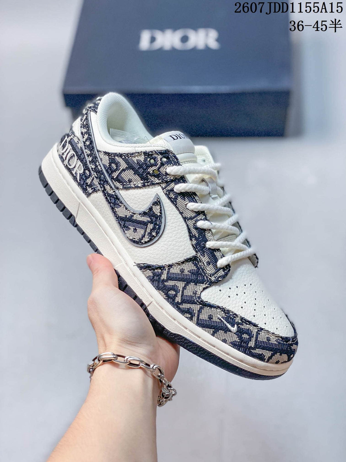 Nike SB Dunk Low White Navy Dior Pattern Sneakers