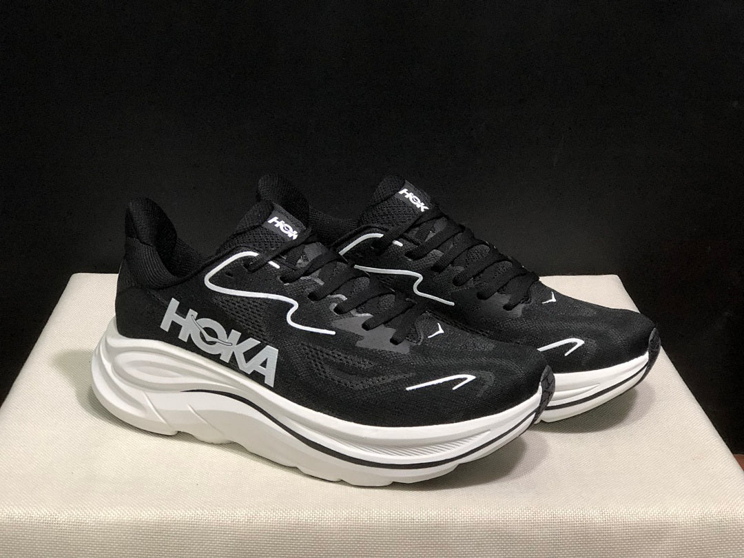 HOKA Clifton 10 Black and White Running Shoes