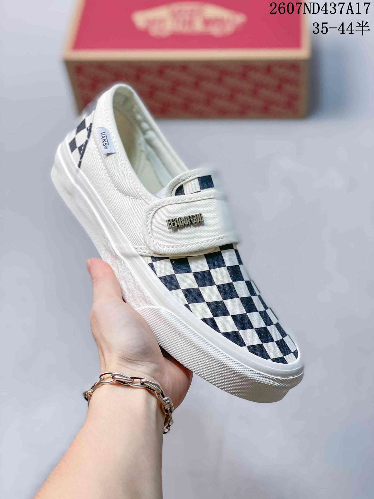 Vans Slip-On Sneakers in Red/Navy and Checkerboard