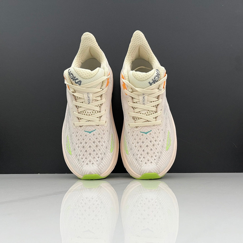 HOKA Clifton 9 Running Shoes in Cream and Green