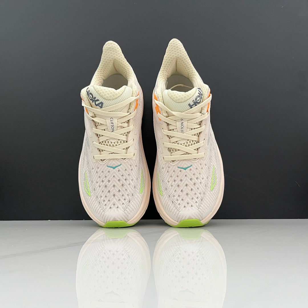 HOKA Clifton 9 Running Shoes in Cream and Green