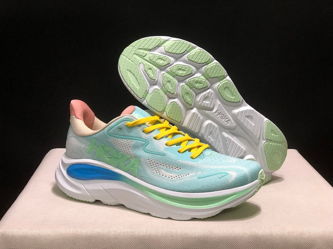 HOKA Clifton 10 Running Shoes in Aqua and Yellow