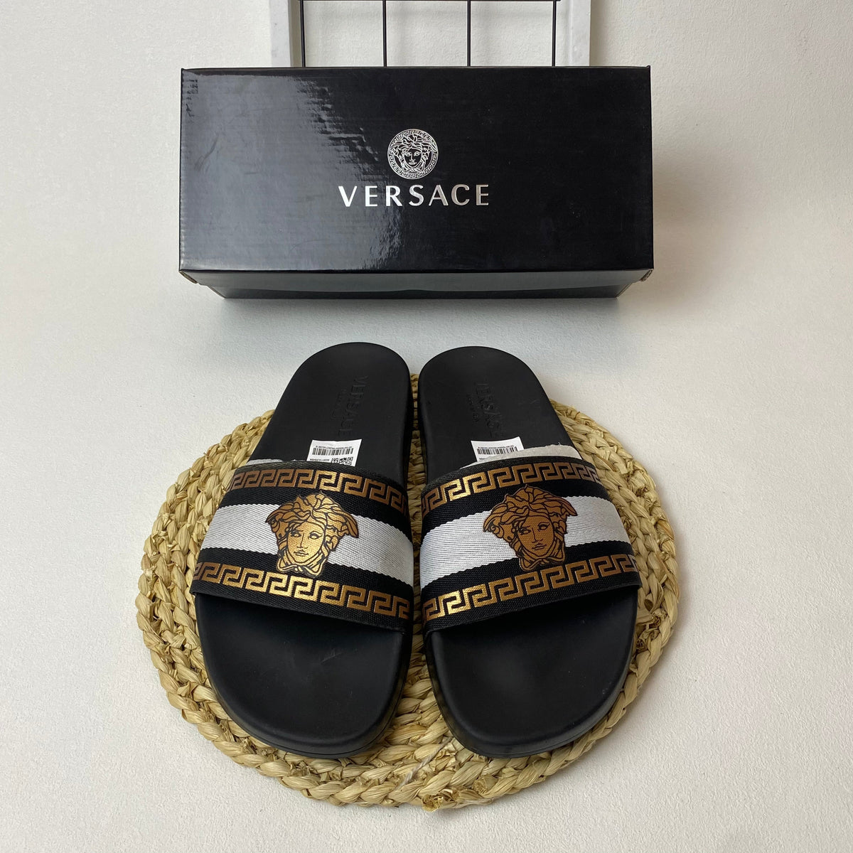 Versace Medusa Slide Sandals with Greek Key Detail