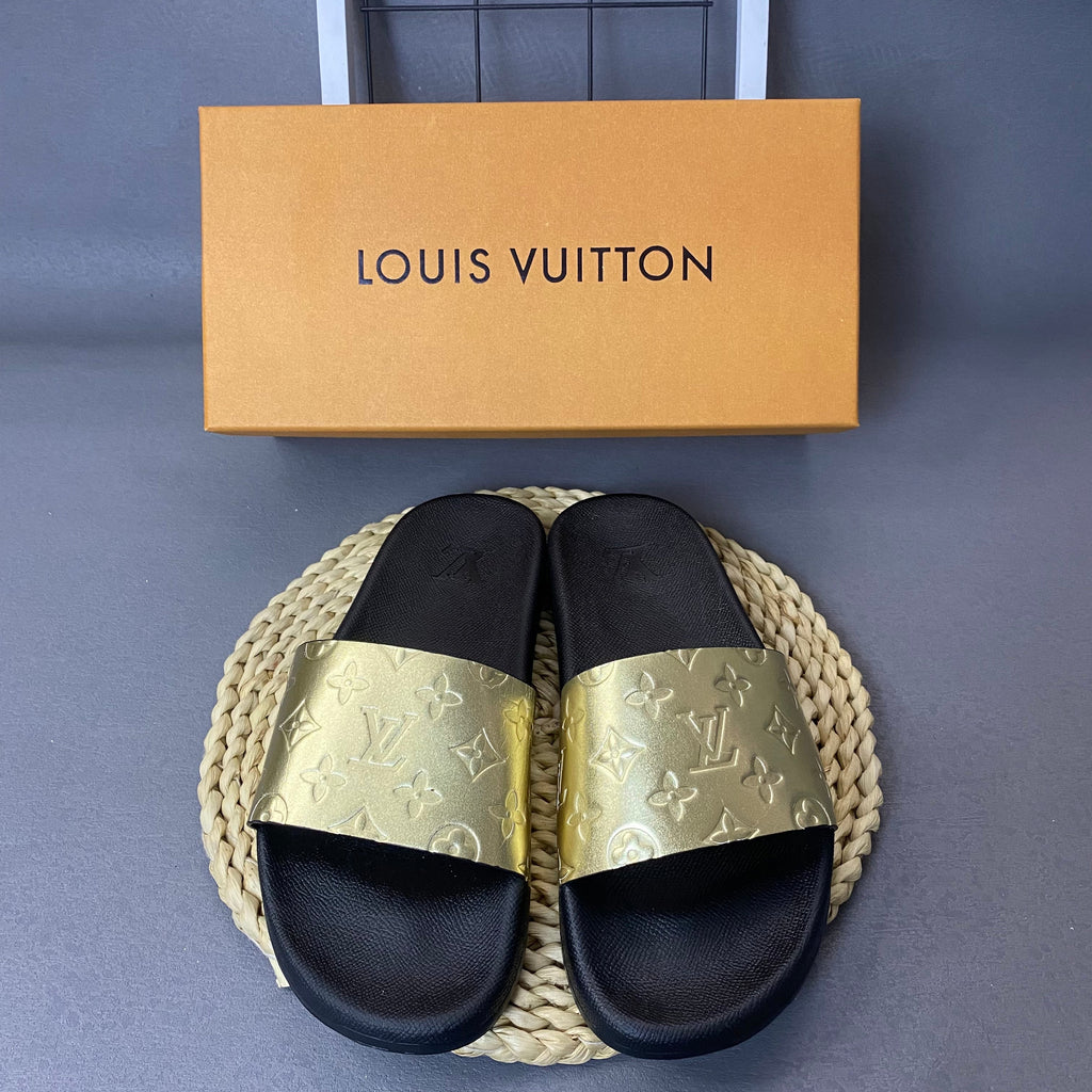 Louis Vuitton Monogram Slide Sandals with Black Footbed