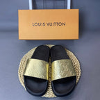 Louis Vuitton Monogram Slide Sandals with Black Footbed