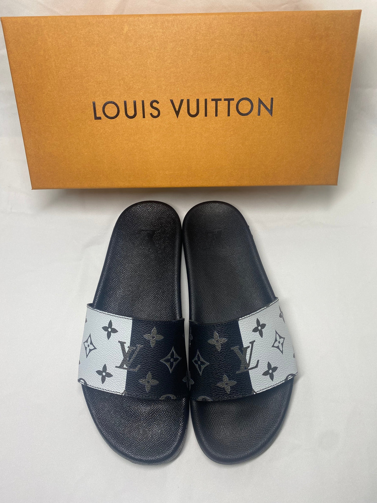 Louis Vuitton Monogram Slide Sandals with Black Footbed