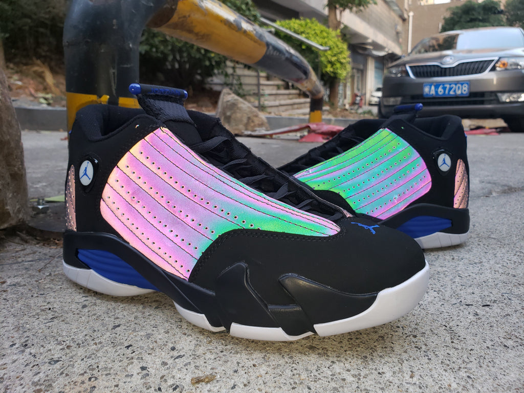 Jordan 14 Men’s High-Top Sneakers in Black, Blue and Iridescent