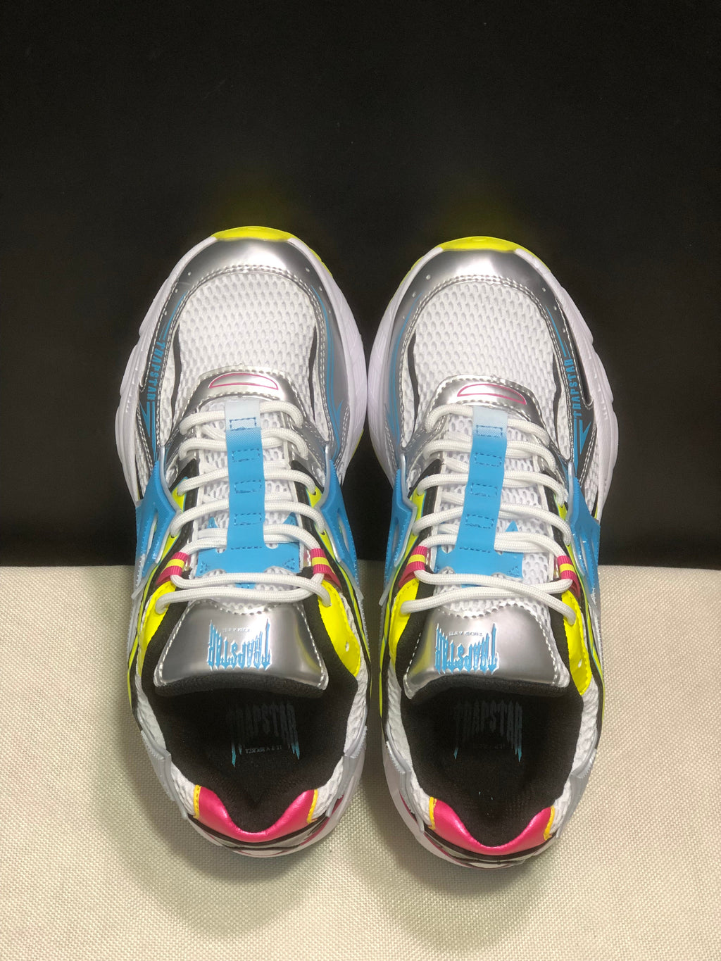Trapstar Retro Chunky Sneakers in White, Blue and Neon Yellow