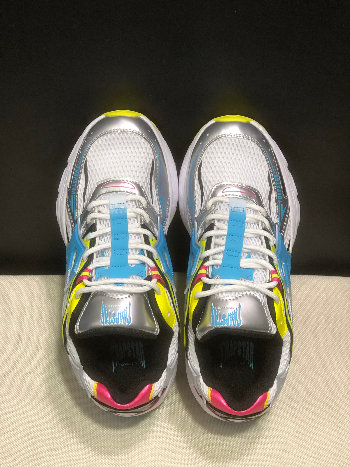 Trapstar Retro Chunky Sneakers in White, Blue and Neon Yellow