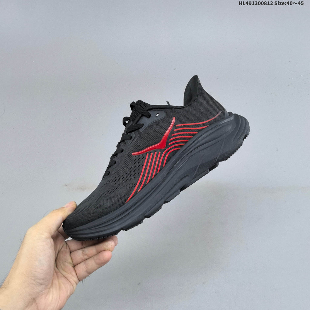 HOKA Clifton 11 Black Running Shoes with Red Accents