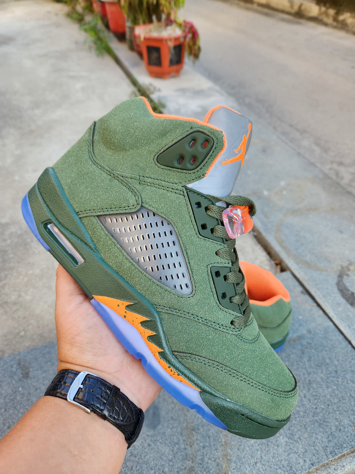 Air Jordan 5 High-Top Sneakers Green and Orange