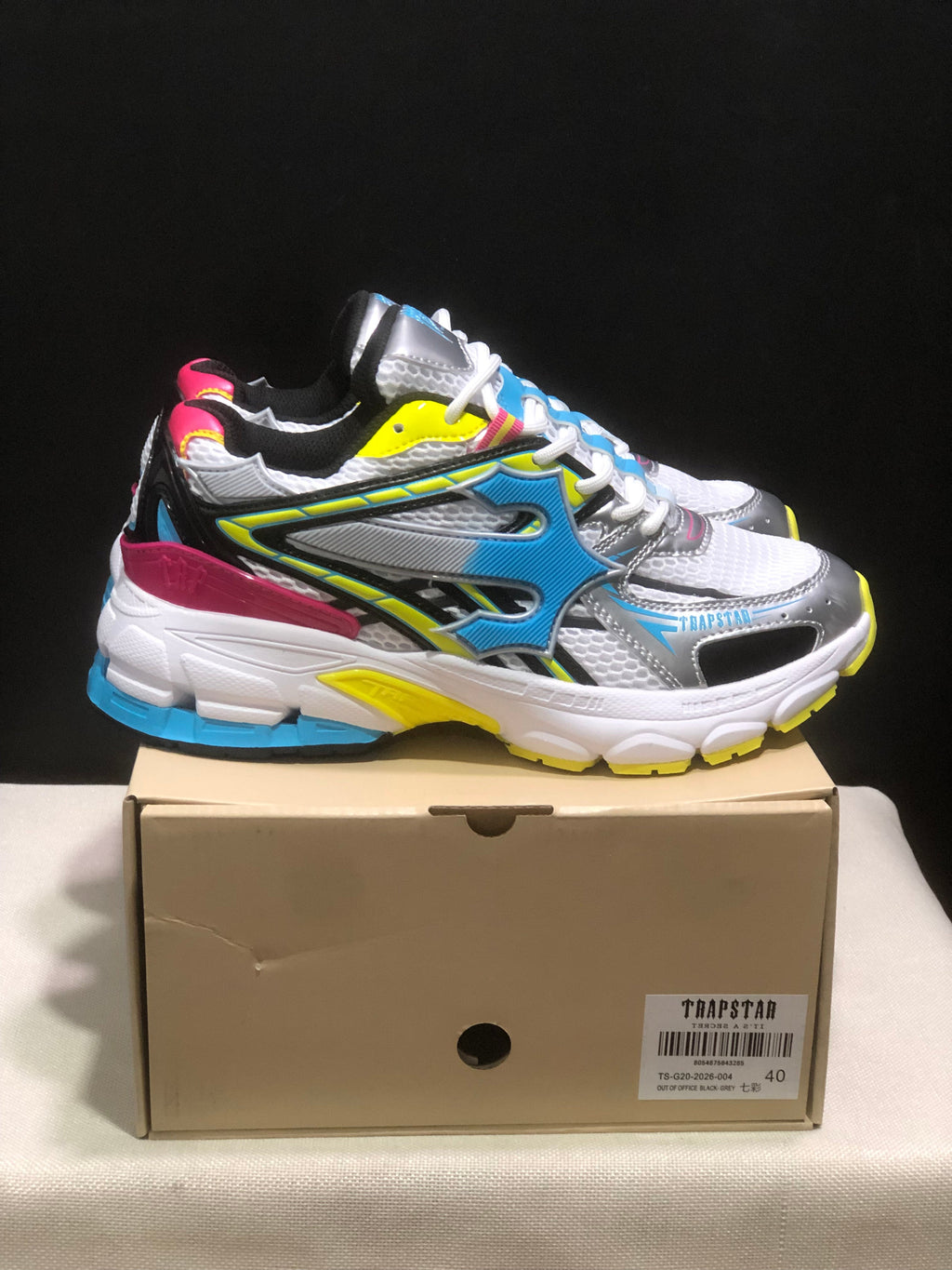 Trapstar Retro Chunky Sneakers in White, Blue and Neon Yellow