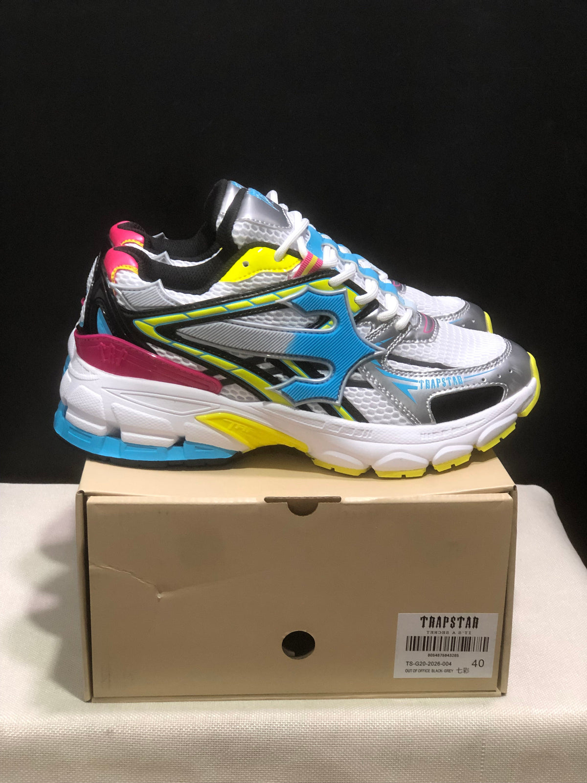 Trapstar Retro Chunky Sneakers in White, Blue and Neon Yellow