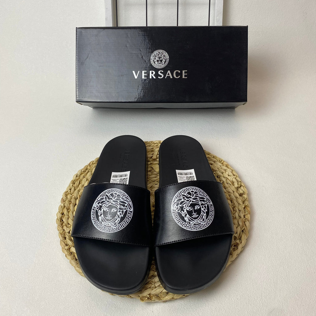 Versace Medusa Slide Sandals with Greek Key Detail