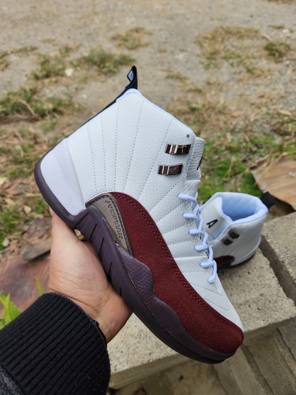 Jordan 12 White and Burgundy High-Top Sneakers