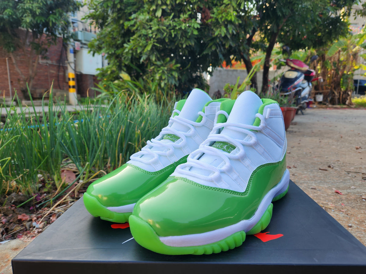 Jordan 11 White and Apple Green High-Top Sneakers