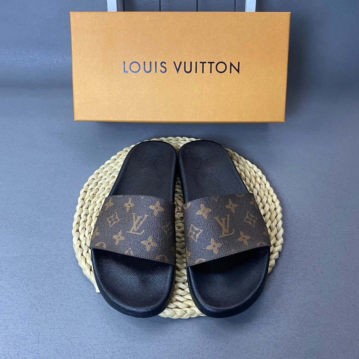 Louis Vuitton Monogram Slide Sandals with Black Footbed